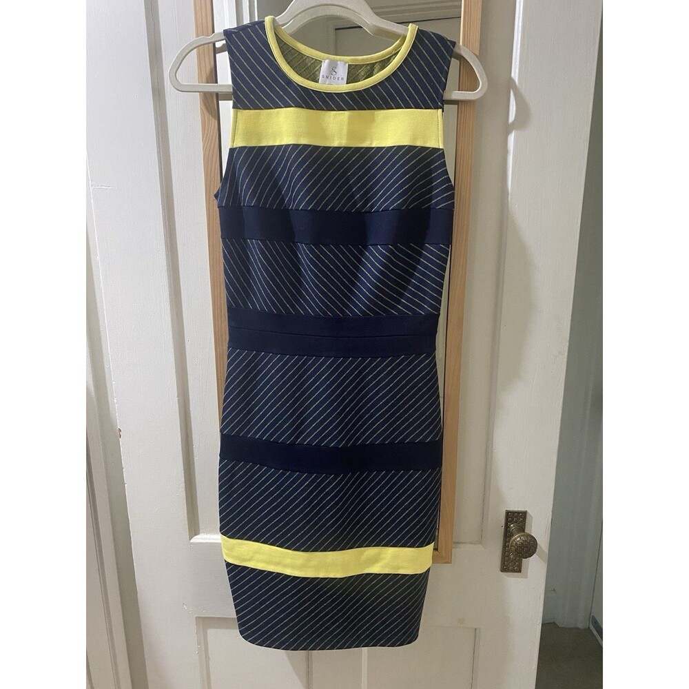 Staci Snider Geometric Striped Bodycon Dress Navy Yellow Sleeveless Size S